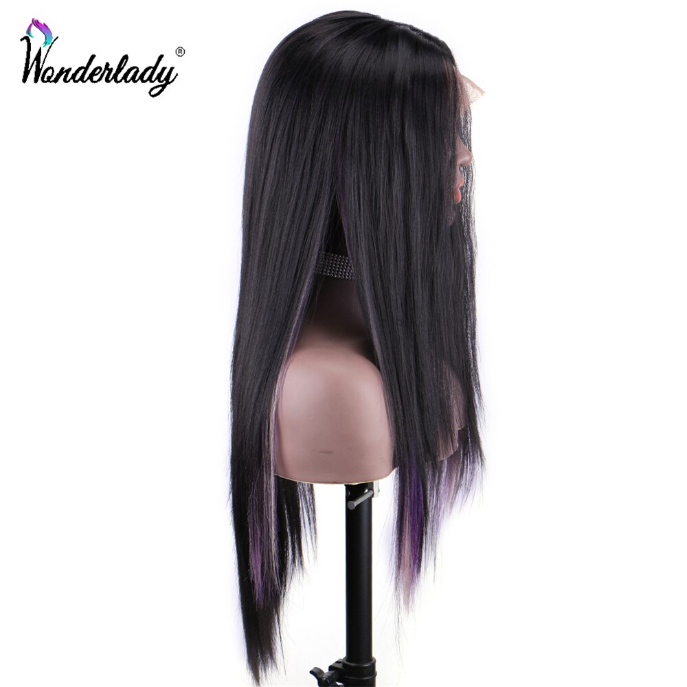 WonderLady-peluca larga sintética de encaje frontal para mujer, color negro, marrón, 26 pulgadas, Yaki, mechones de pelo azul y morado dentro de la peluca