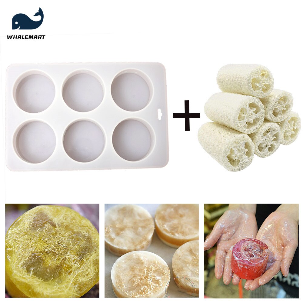 Loofah sæbesæt runde silikone skimmel med 6 stk natur tør loofah til fremstilling af sæbe forsyningssæt eksfolierende sæbeskum bobler