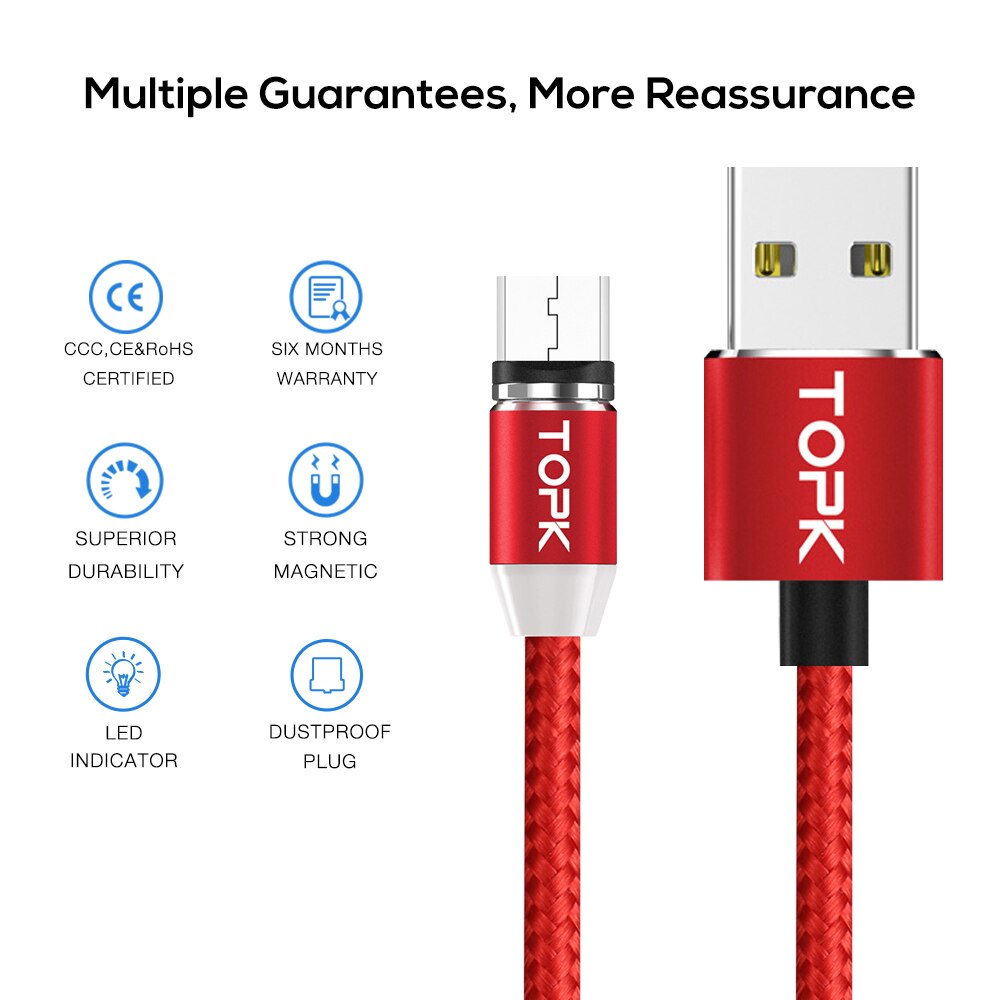 Topk 1M(3.3ft) Led Magnetische Micro Usb Kabel, premium Nylon Gevlochten Magneet Microusb Charger Kabel Voor Micro Usb Poort