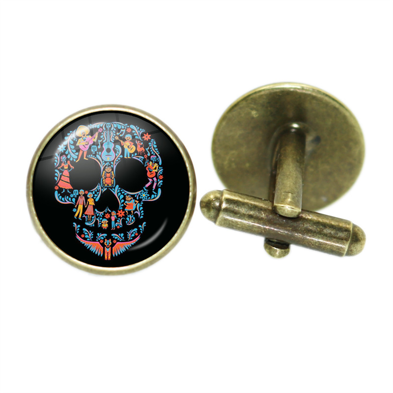 Boutons de manchette squelette Vintage pour hommes, verre rond, de crâne blanc, de mariage, chemise, costume, accessoires bijoux à la: En laiton Plaqué