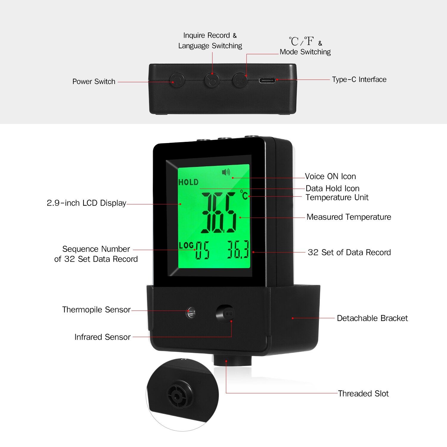 Infrarood Thermometer Muur Gemonteerde Temperatuur Meting Gauge Non-contact Automatische Smart Ir Inductie 3-Kleur Backlight