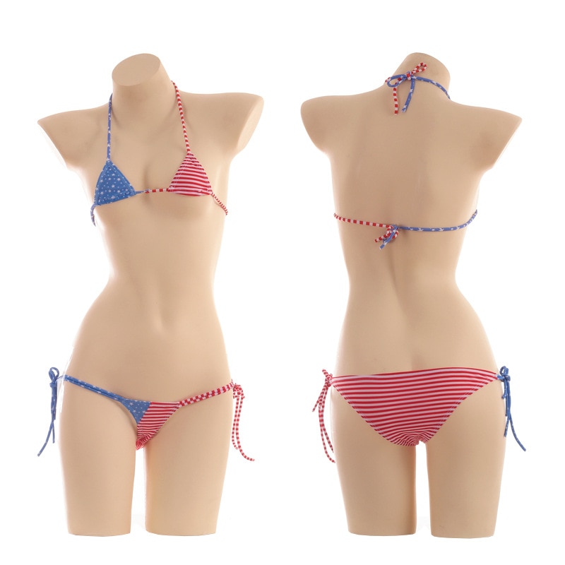 Maillots de bain pour femmes Mini Micro Bikini cravate côté extrême drapeau américain étoiles rayures bronzage maillots de bain pom-pom girl Sexy Costume