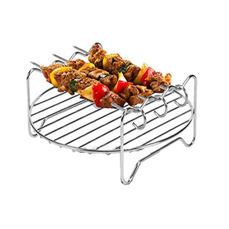 Rvs Airfryer Double Layer Rack Veelzijdige Ronde Roosteren Rack Grill Rack Met Spiesjes Bakplaat Diy Bbq Tool