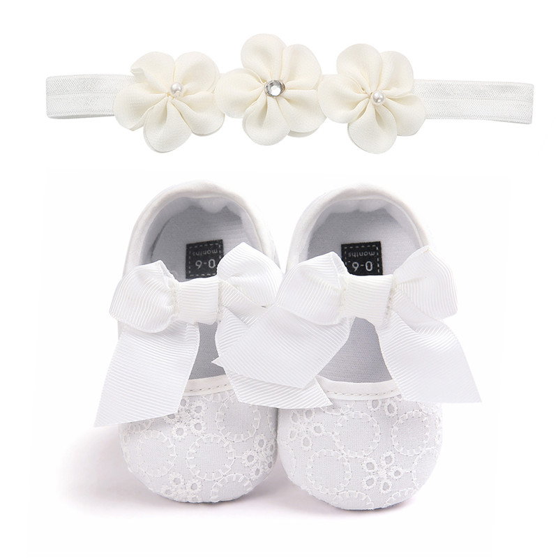 Babysko hvid 3 blomster blonde pandebånd baby nyfødt småbørn pige krybbe sløjfe sko barnevogn first walker anti-skrid sneakers blød sål: -en / 0-6 måneder