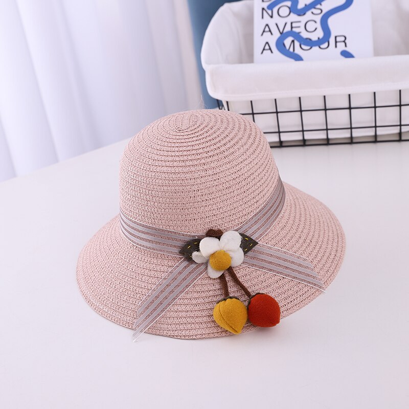 Summer Sweet Cute Flowers Kids Straw Hats Children Beach Cap Baby Photography Props Baby Girl Hat Sun Visor Caps: light pink
