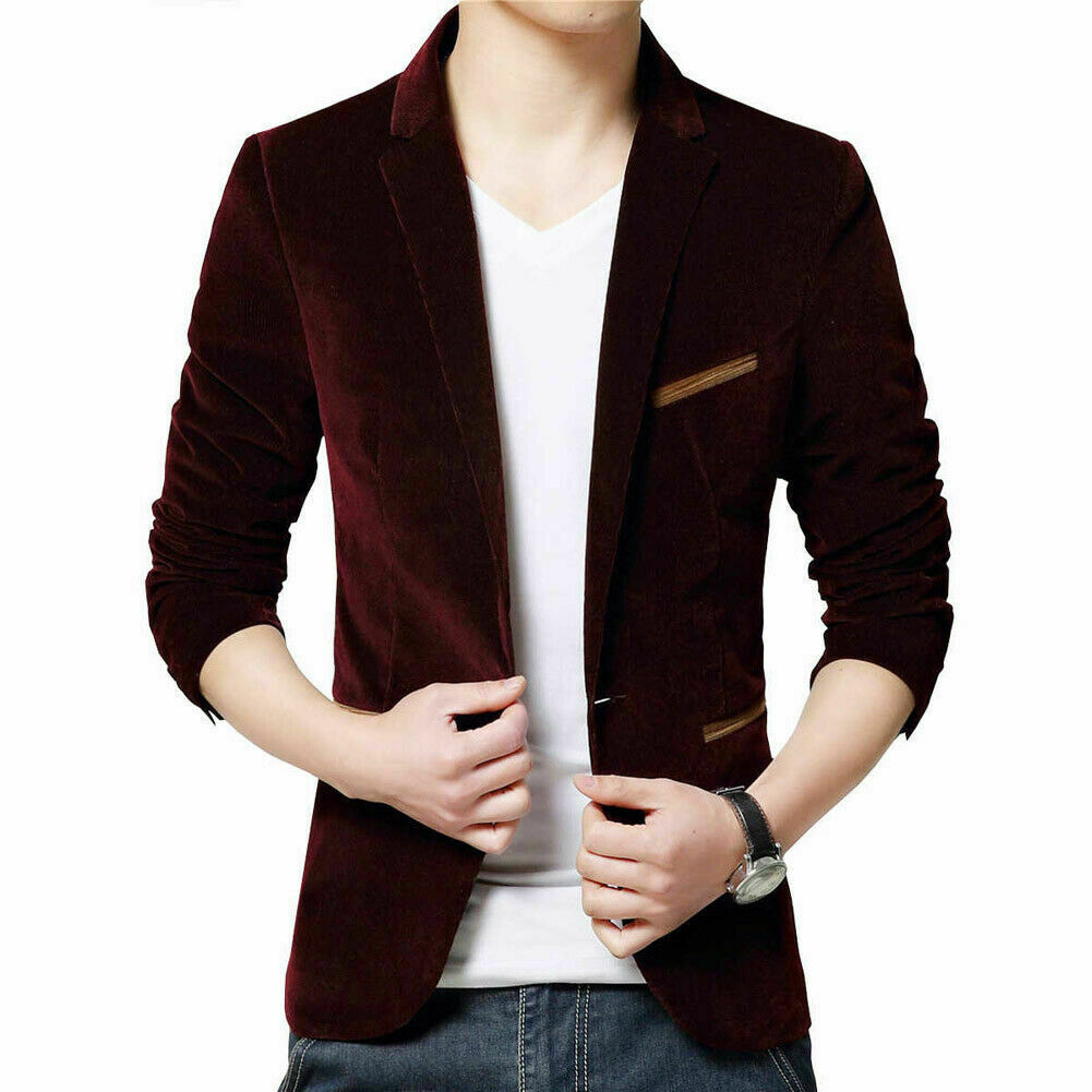 Fløyel menns formell dress blazer frakk business casual en knapp slim fit jakke topper: Burgunder / Xl