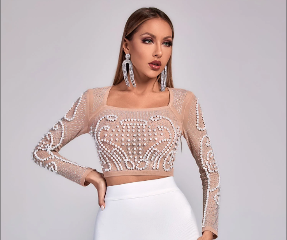 oben Promi Weiß Zwei Stücke Gesetzt Perle Perlen Aushöhlen Kunstseide Verband Kleid Party Kleid Vestidos: L / Beige
