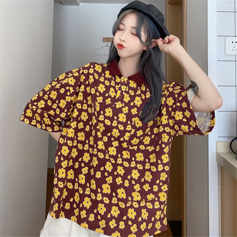 Polos japonais oversize pour femmes, bleu et jaune, manches courtes, ample, imprimé cœur, été,  l0735