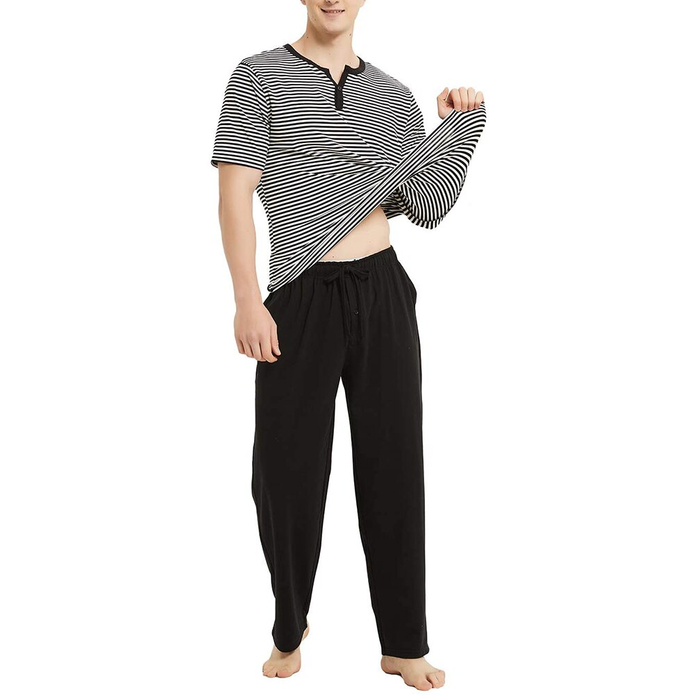 Conjunto de pijamas rayados horizontales para hombre, ropa de dormir de 2 uds, Tops de manga corta a rayas + Pantalones largos sólidos, pantalones sueltos: Black / L