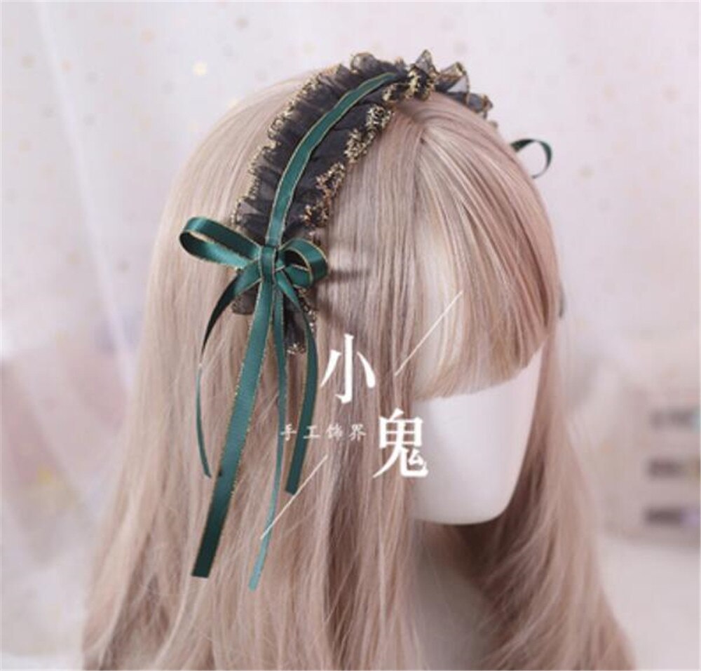 Gótico Lolita negro encaje cinta lazo pelo banda japonés coreano KC diadema mujeres Vintage accesorios B460: green