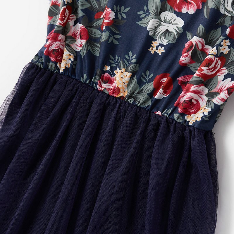 Short Sleeve Mother Daughter Matching Dresses Patchwork Mesh Family Look Mommy And Me Mommy And Baby Floral Outfits