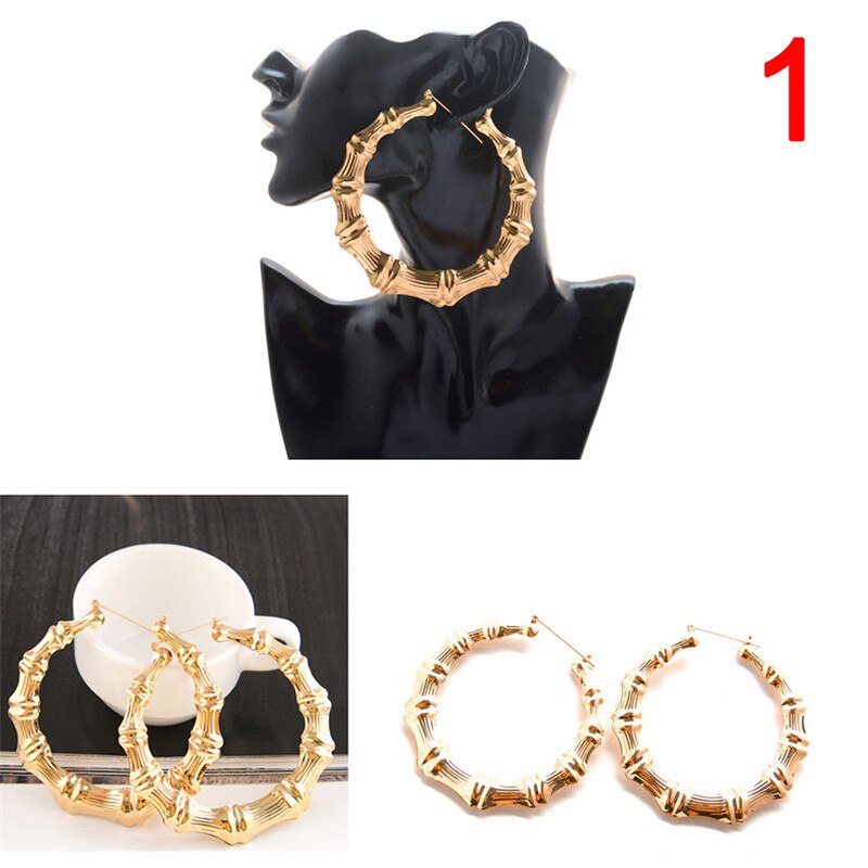 1 Pair Bamboo Hoop-earring 4 Styles Gold Color Big Hoop Earring Women Hoop Earrings Basketball Wives Earrings Large: 1