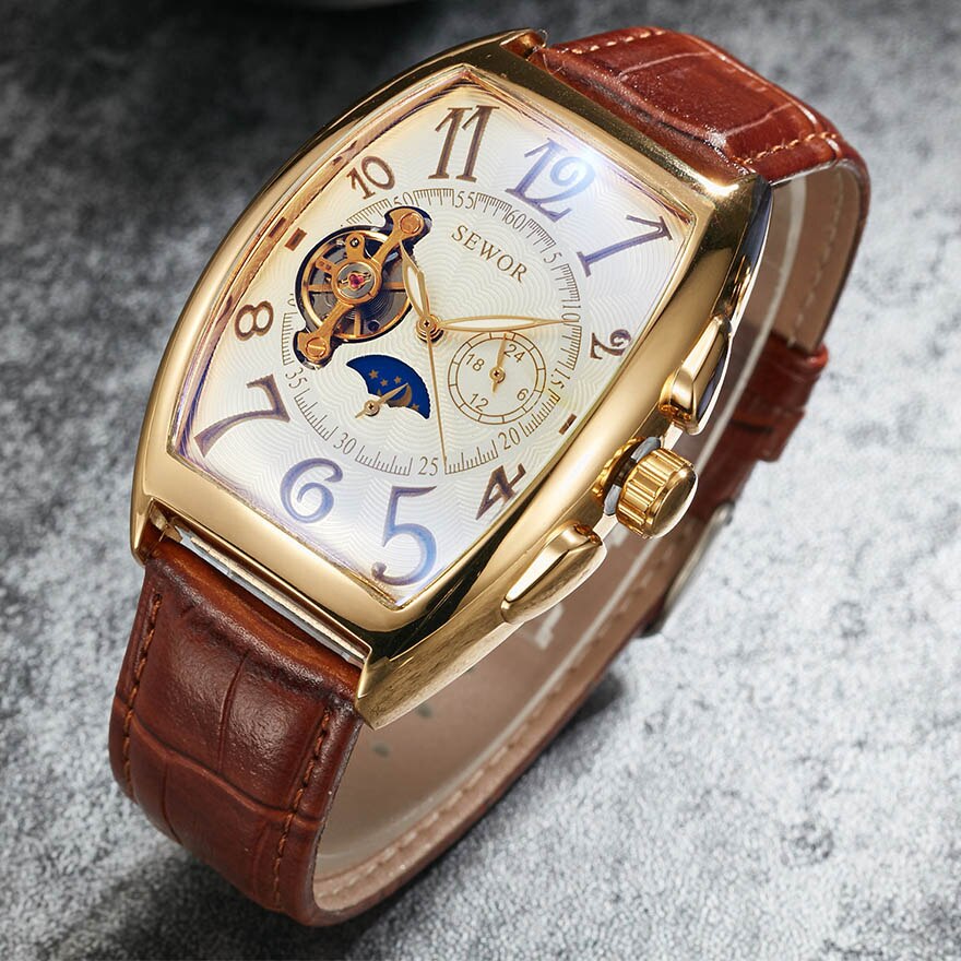 Retro automatiske ure mænd kranium skelet urskive selv vind brun armbåndsur han vintage vintage romersk ur læder reloj relogio: Mekaniske ur mænd