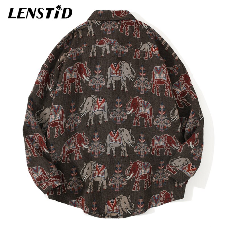 LENSTID Men Hip Hop Long Sleeve Knitted Shirt National Style Elephant Embroidery Harajuku Streetwear Vintage Casual Loose Shirts