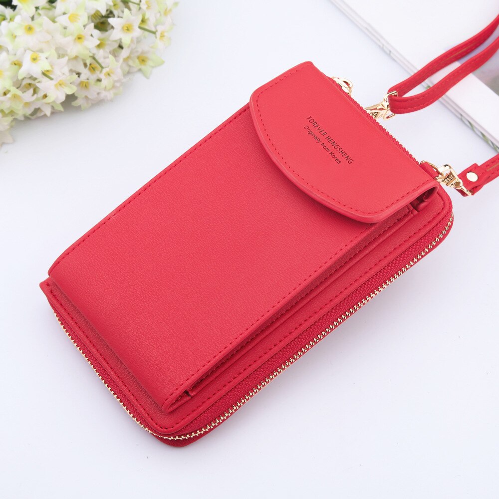Women Wallet Solid Leather Shoulder Straps Shoulder Bag Mobile Phone Big Card Holders Wallet Handbag Pockets girls: Red
