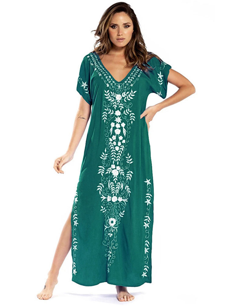 Beach Long Dress Oversized V Neck Short Sleeve Summer Dress Batwing Sleeve Embroidery Maxi Dress Loose Beach Cover Up: Green