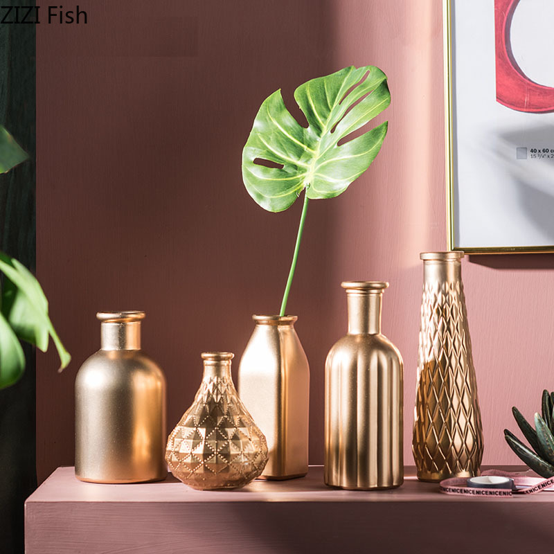Nordisk enkel vas i gyllene glas torkade blommor blommor införda prydnadsföremål sovrum vardagsrum butik dekoration ornament