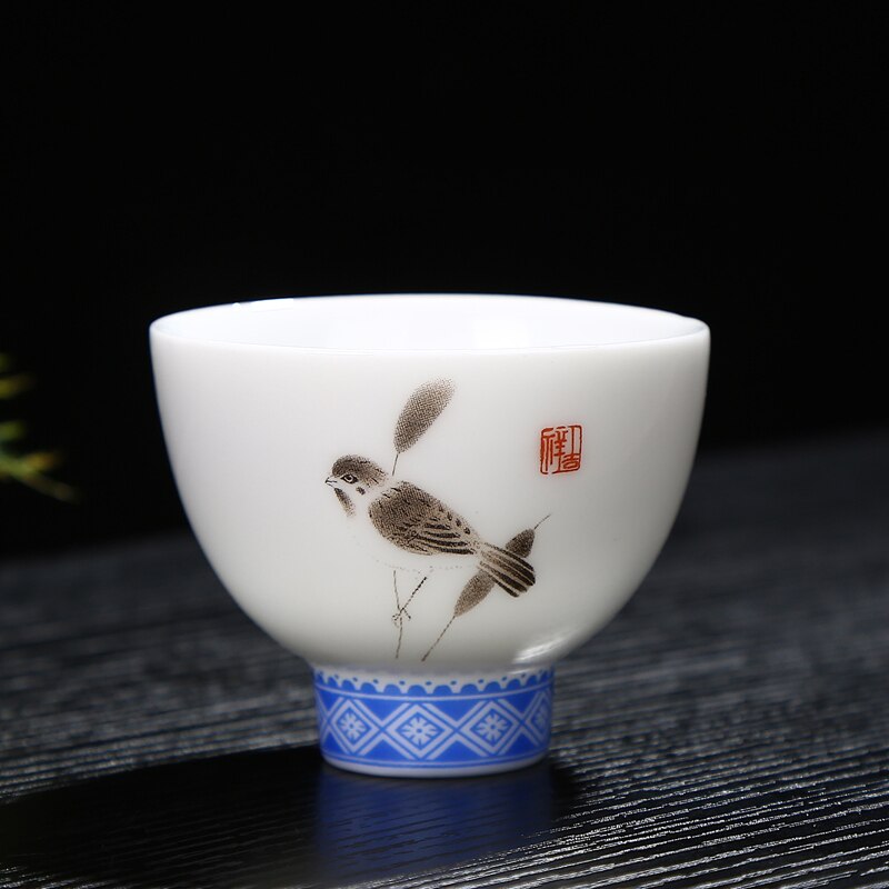 Håndtegnet fugl te kop blå og hvid porcelæn kop keramik mønster puer kop personlighed tekop