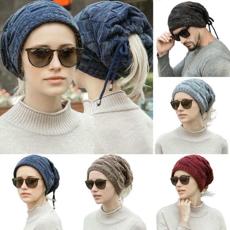 Unisex Knit Slouchy Baggy Beanie Paardenstaart Winter Knit Slouch Beanie Hat Vrouwen Menponytail Ski Fleece Schedel Running Cap Zwart