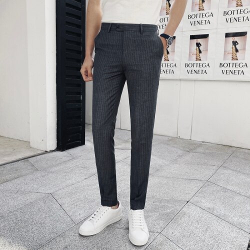 Klassieke gestreepte pakbroek heren casual zakelijke broek heren slim fit formele broek pantalon kostuum: Grijs / Xl