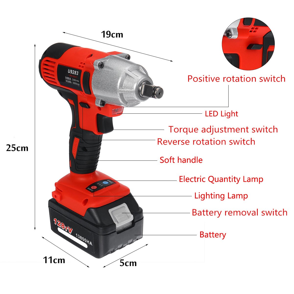 Doersupp 128VF 110-240V 13800mAh Cordless Electric Impact Wrench Electric Wrench Brush with 1x Li-ion Battery Power Tools
