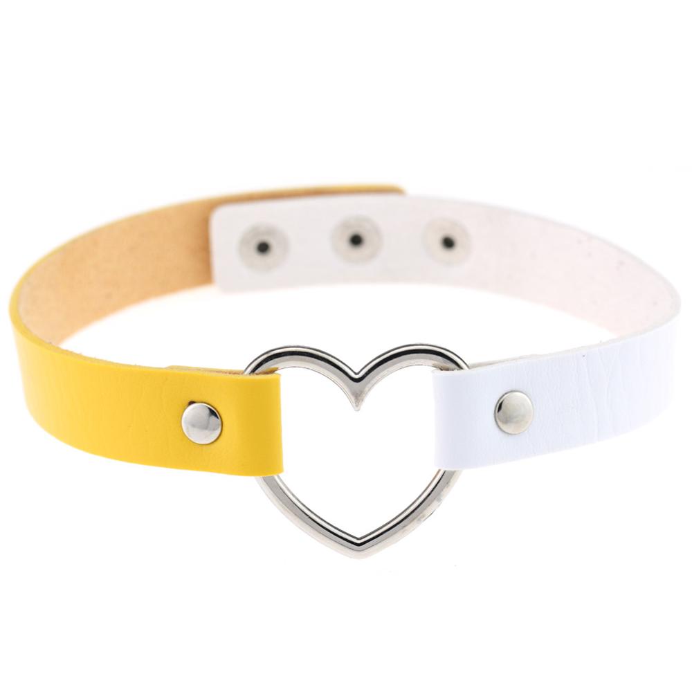 1PC Multi-Color Harajuku Punk Lady Gothic Leather Choker Heart Chain Spike Rivet Buckle Collar Necklace: white yellow