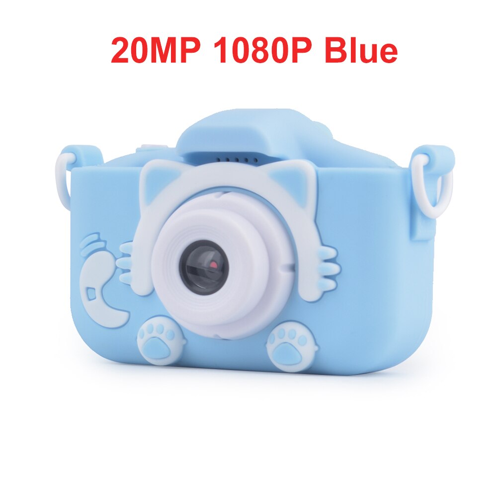 Mini Children Camera 20MP 1080P Small Cartoon Digital SLR Camera 2.0 Inch IPS Screen with Front & Rear Dual Cameras: blue cat / with 8G TF Card