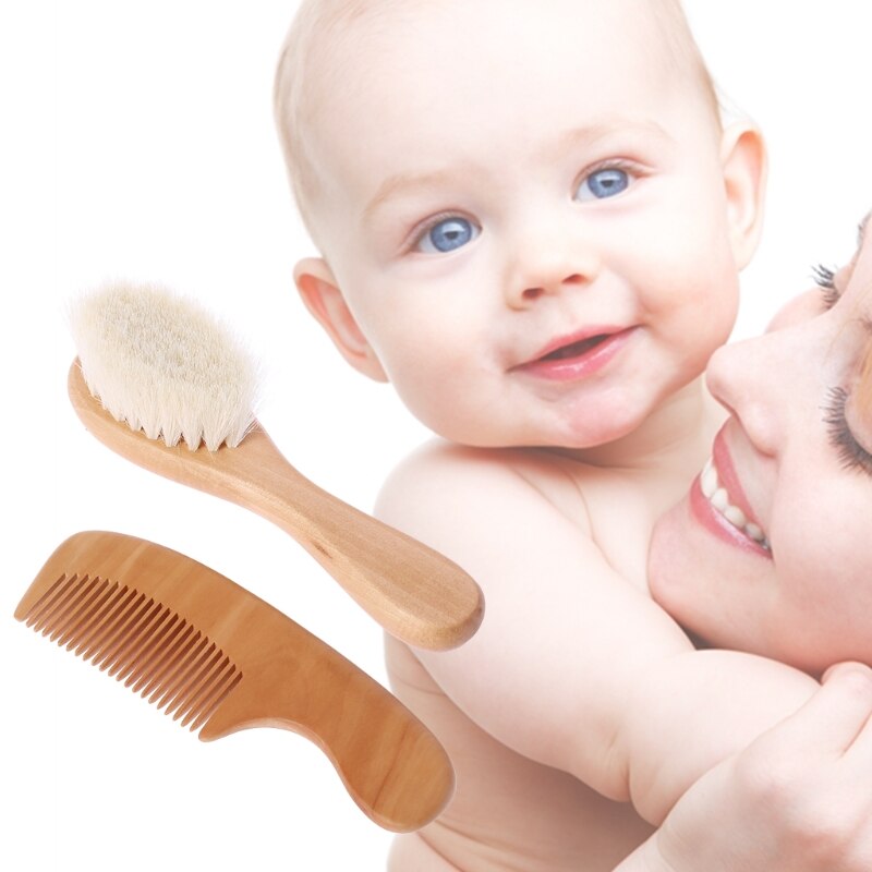 1 Set Baby Brush Comb Hair Head Massage Wooden Handle Wool Newborn Kids Care Kit 72XC