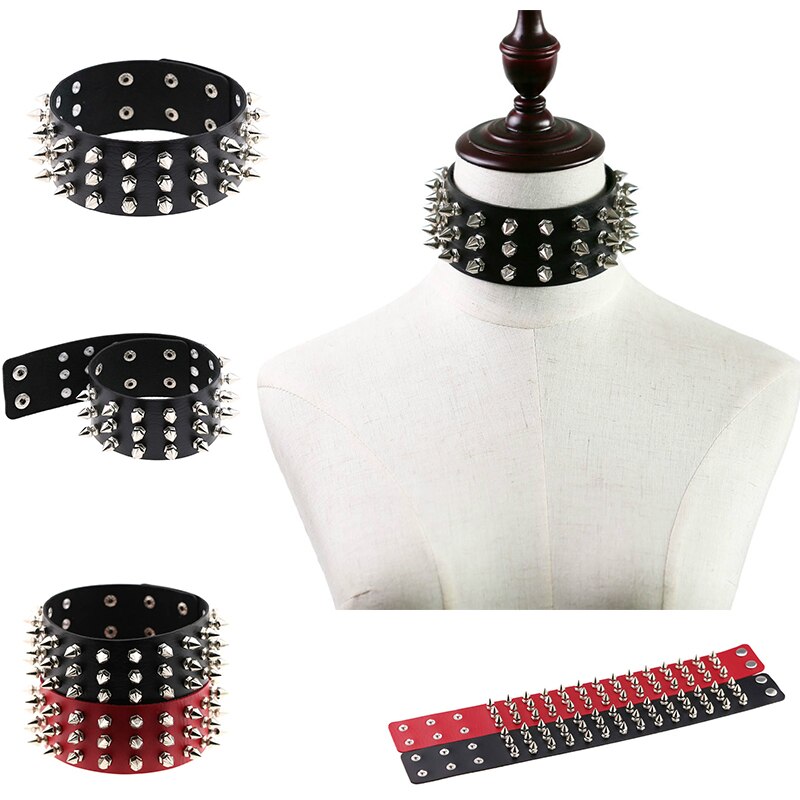 Punk PU Leather Spike Choker Necklace Women Rivets Neck&Wrist Wear Multi-purpose Funky Chockers collar lock jewelry