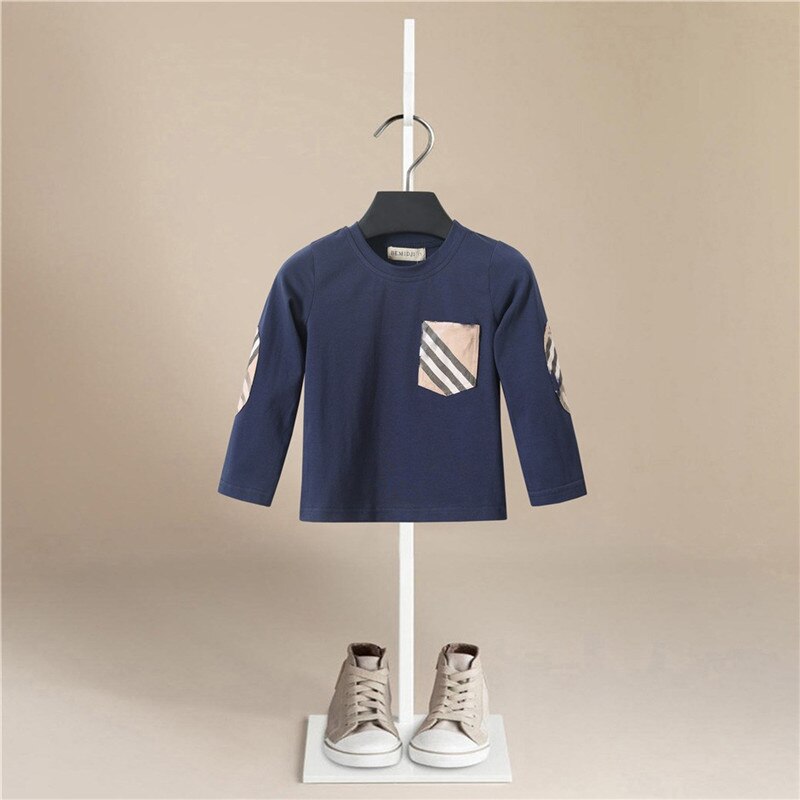 Børn t-shirts drenge stribet lomme lange ærmer toppe piger efterår vinter bomuld sweatshirt 1-5 år børn t shirts tøj: Mørkeblå / 5t