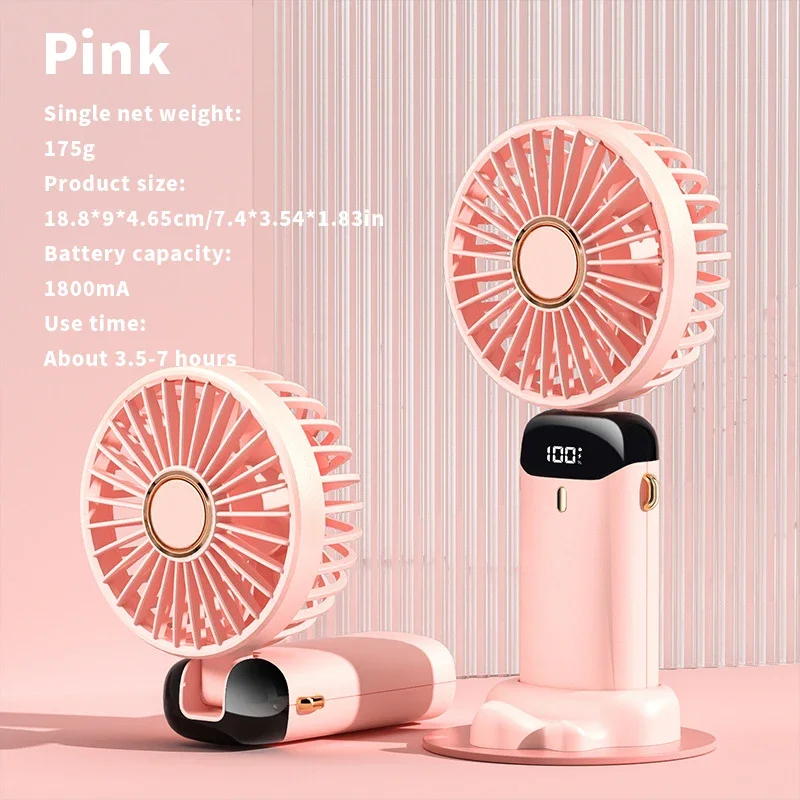 Mini ventilador portátil dobrável, 3000mah, mesa externa, pendurado no pescoço, 5 velocidades, usb, recarregável, suporte para telefone, tela de exibição: Rosa