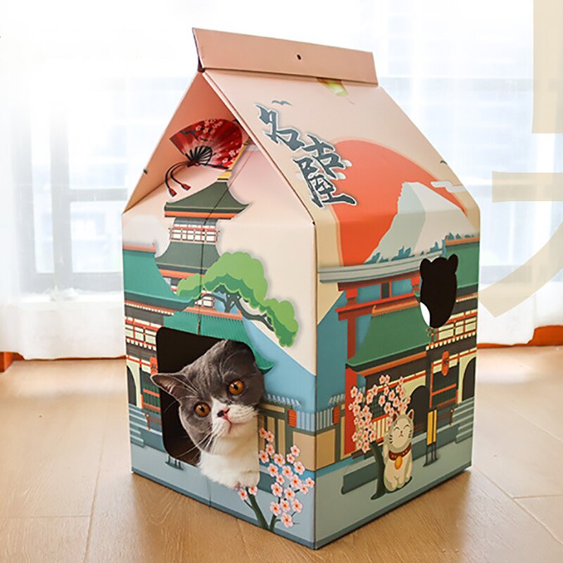 Boîte à lait en carton ondulé pour chat, jouet de lit pour chaton, mignon et tridimensionnel, fournitures pour animaux de compagnie