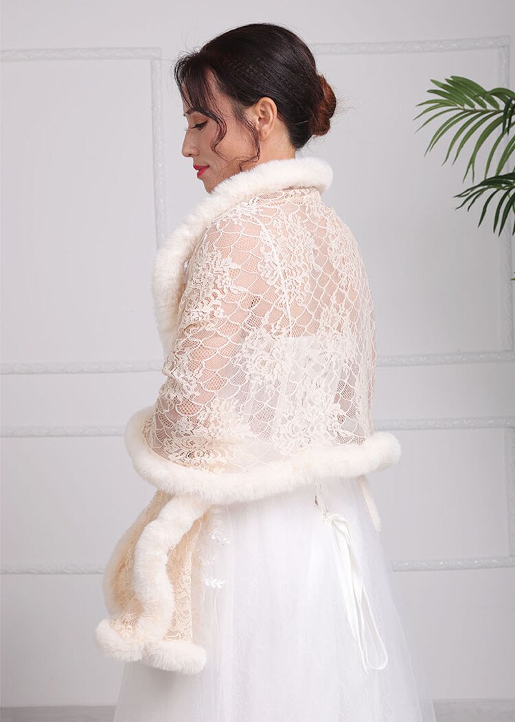Women bolero Trendy Soft Rice white Shawls Lace Cloak Faux Fur Short plush outwear shrugs for ladies Wedding Bridal cape dress