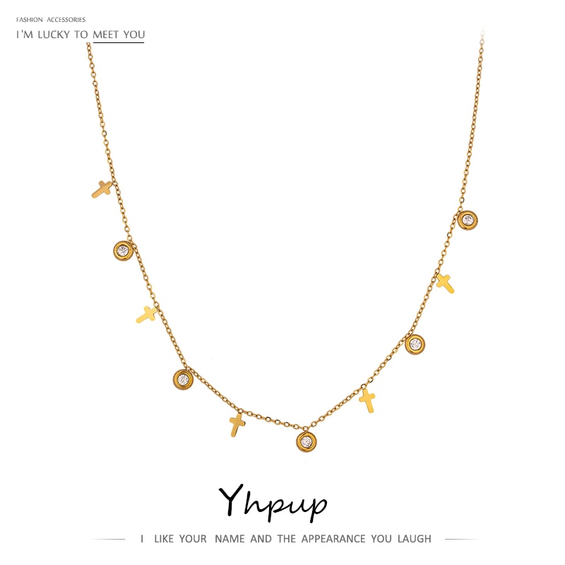 Yhpup kpop croix CZ pendentif collier collier de en acier inoxydable 18 K bijoux en métal tempérament cubique zircone collier