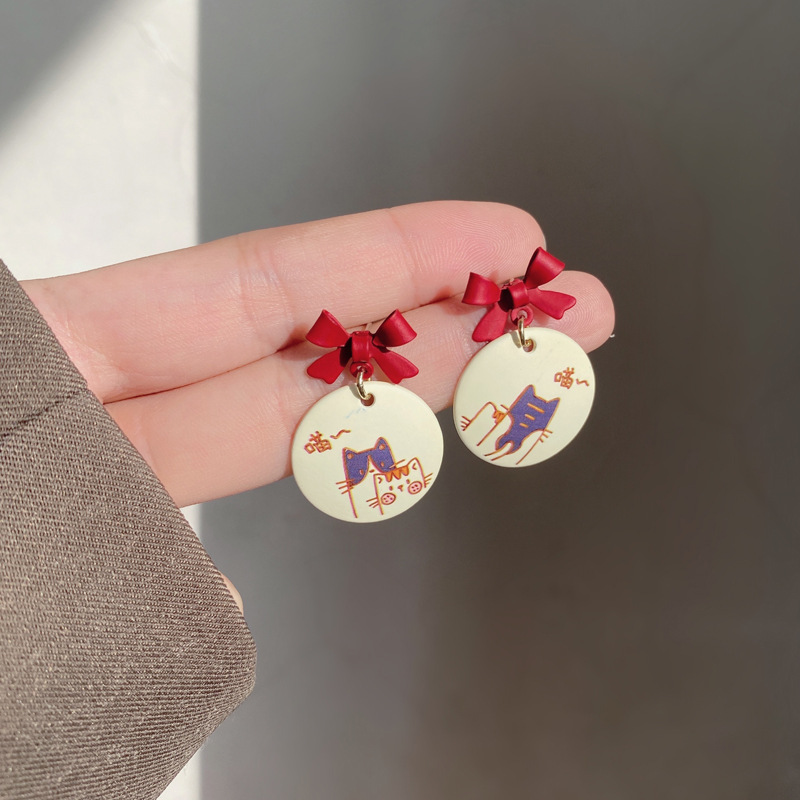 Boucles d'oreilles à Clip de Style japonais, chaton, sans trou, à la , peint en rouge, chat mignon, sans Piercing