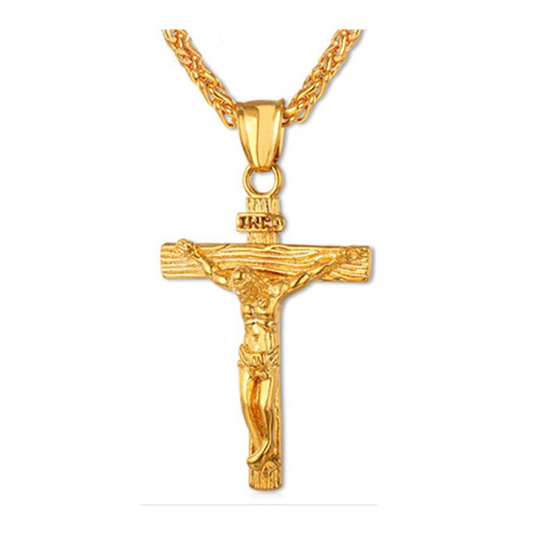 Cadena de acero inoxidable con crucifijo para hombre, collar con colgante de pieza de Jesús, Cruz INRI, Color dorado, de joyería cristiana: gold