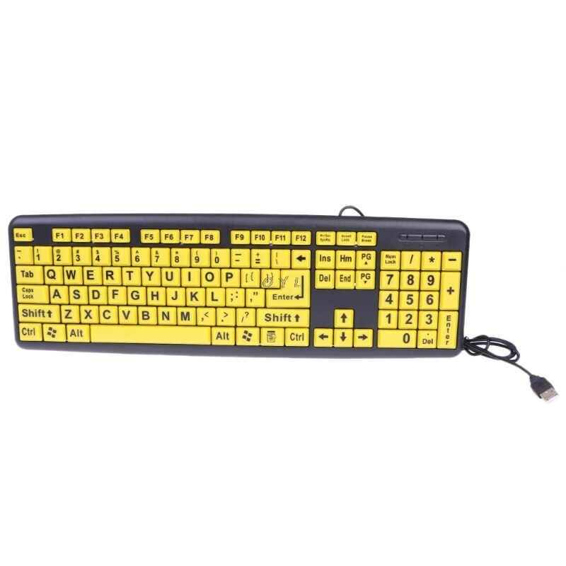 Clavier filaire USB avec gros caractères noirs et boutons jaunes, pour personnes âgées et faible Vision