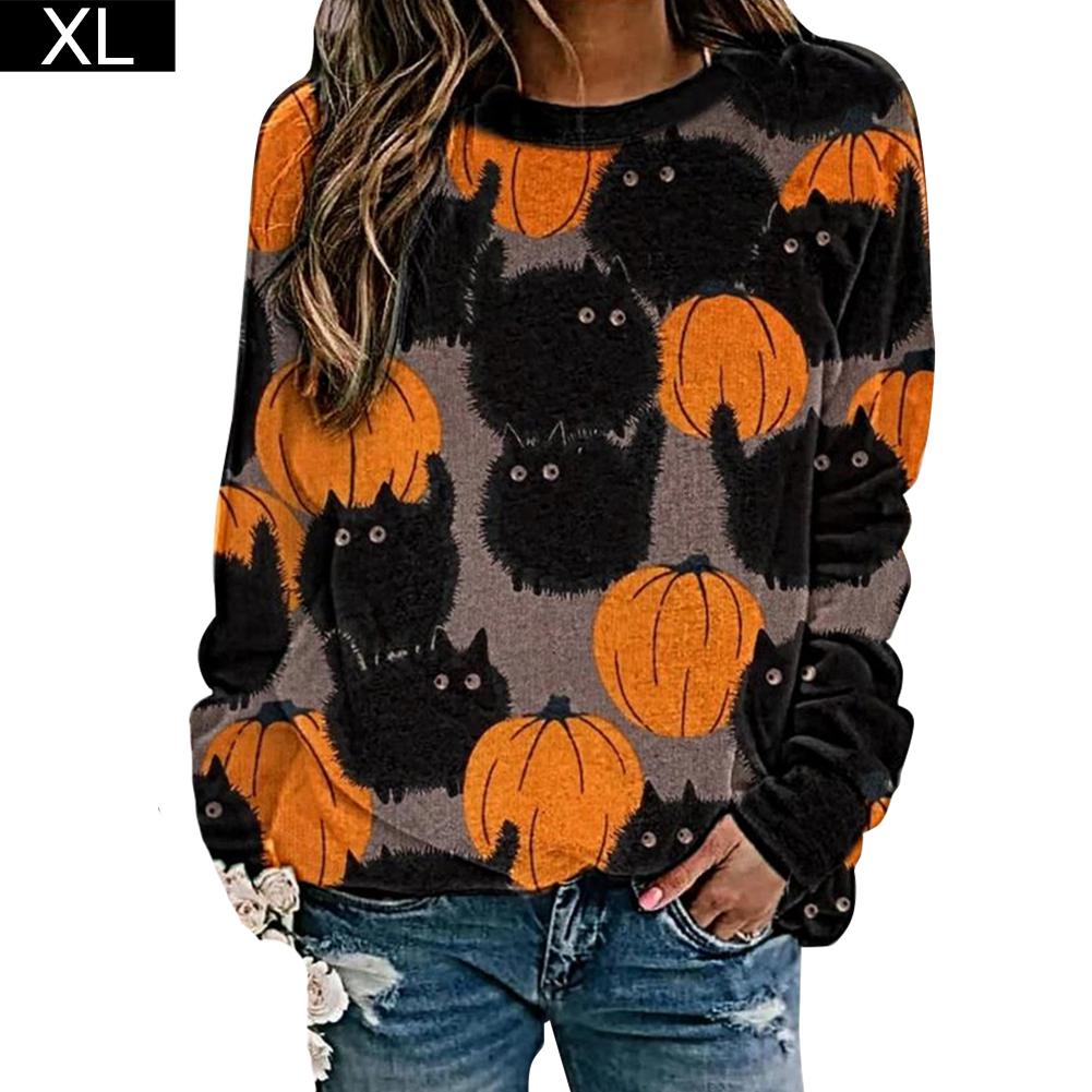 Vrouwen Pompoen Patroon Ronde Hals Sweatshirt Acetaat Fiber Lange Mouwen Voor Halloween Outdoor Indoor: XL