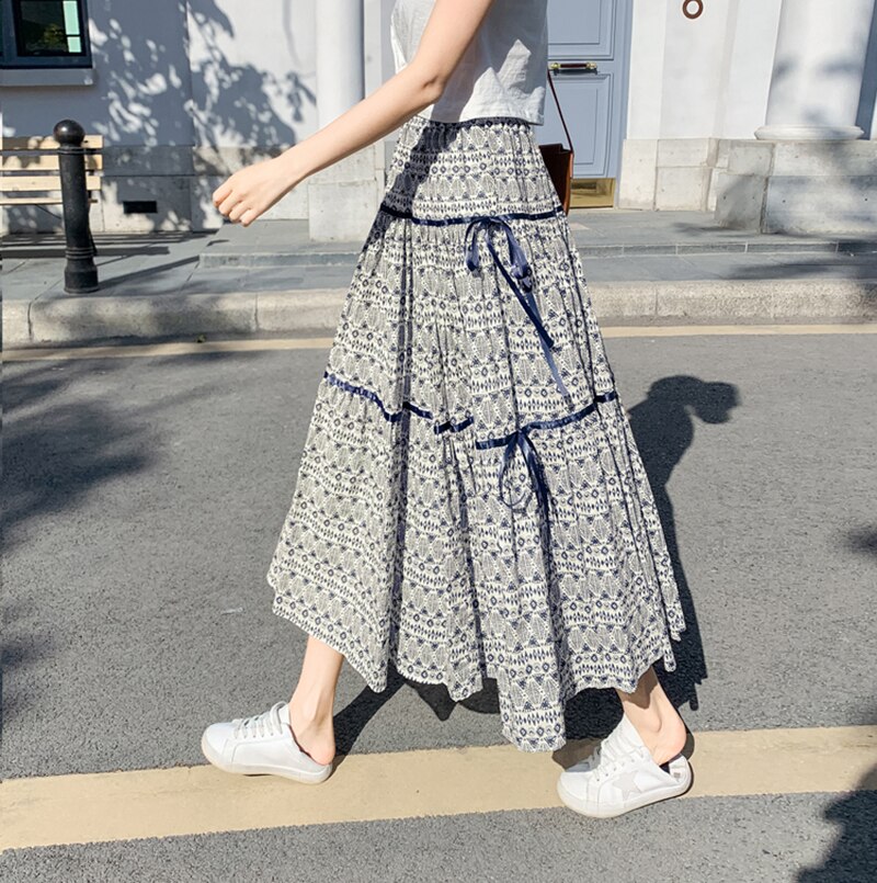 Faldas de estilo Retro para mujer, étnico, cintura alta elástica, Tencel, algodón, lino estampado, para vacaciones en la playa, verano,: Azul
