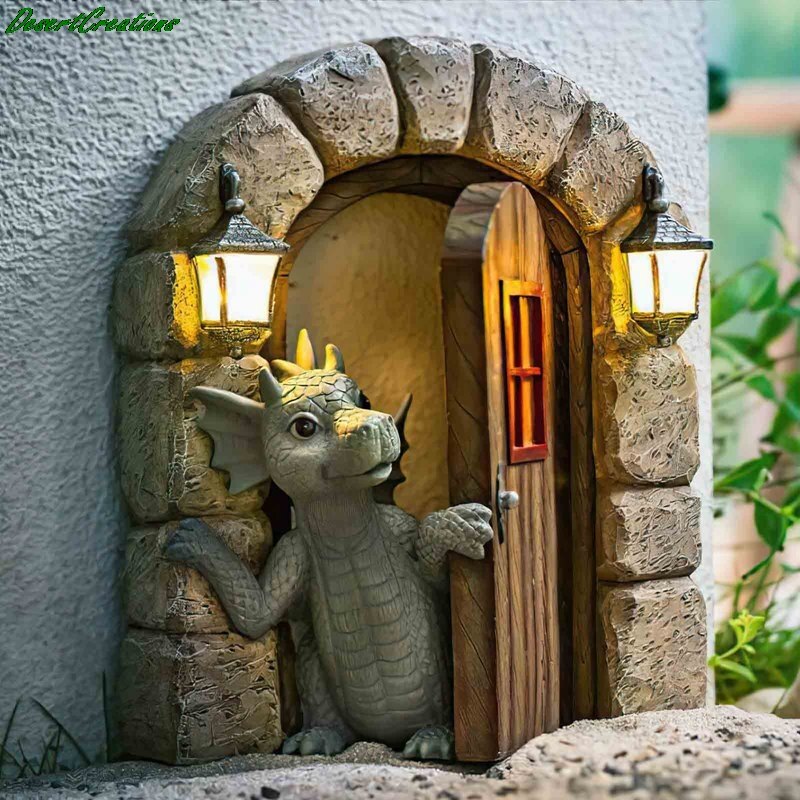 Dragon Statue Solar Garden Decoration Dragon Open The Door Window Figure Sculpture Home Outdoor Garden Decoration