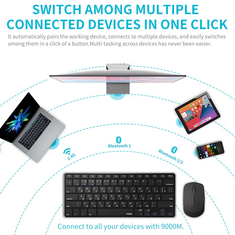 Rapoo – Mini clavier et souris Bluetooth sans fil, 9000M, multi, silencieux, Ultra fin, anglais/russe