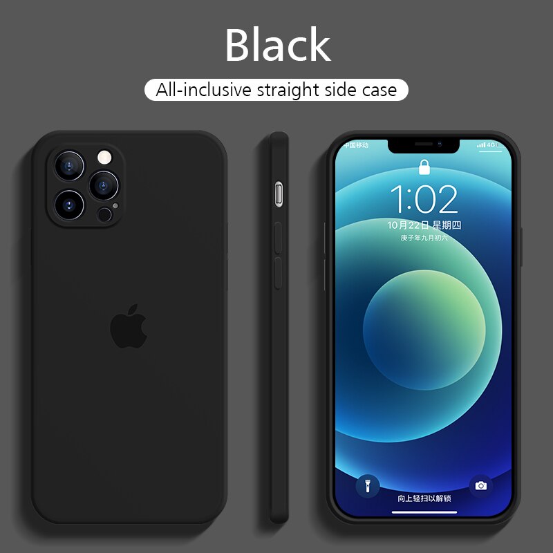 Für iPhone 12 Pro Max Fall Gerade Kante Flüssige Silicon Abdeckung Weiche Telefon Fall Für 12 Mini Stoßfest Volle Protectiver fall: For i12 Pro Max / Black