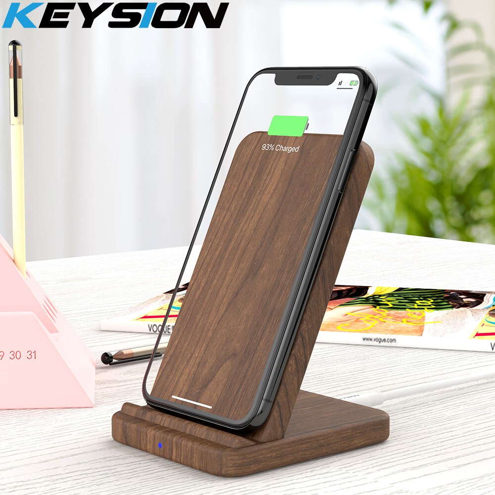 KEYSION 10W Wooden Qi Wireless Charger for iPhone 11 Pro Max XR XS Max 8Plus fast Wireless Charging Stand for Samsung S20 S10 S9: KS-FWCP02