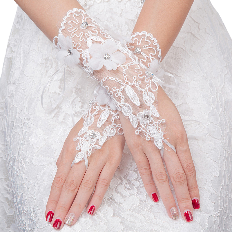 Guantes de novia cortos de encaje sin dedos para novia, accesorios de boda, bordados, con abalorios blancos, a la