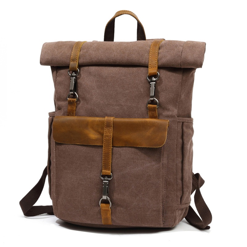 Europe Canvas Leather Backpacks 14" Laptop Daypack for Traveling Teenager Back Pack Student Computer Rucksacks: Chocolate