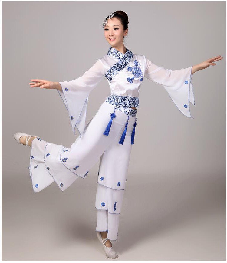 Ms. Yangko Dance Classical Dance Costume Adult Blue and White Costume National Dance Costume Stage Performance: XXL