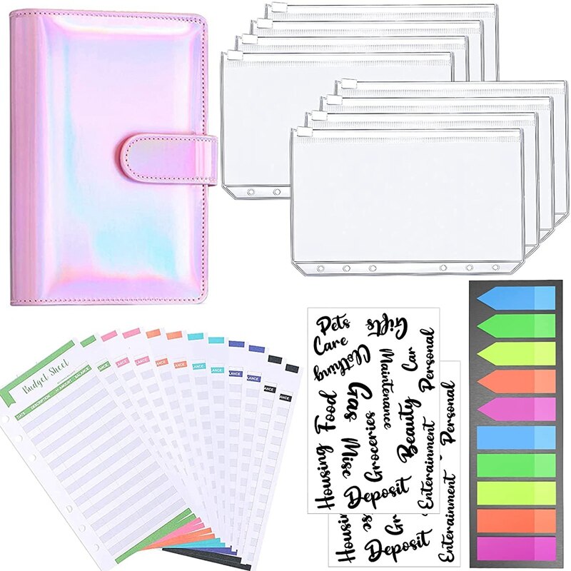 A6 Binder,PU Refillable 6 Ring Notebook Binder Binder Pockets,Expense Budget Sheets Sticker Labels,Labels: Dark Khaki