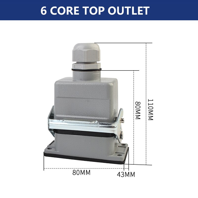 Rectangular Heavy Duty Connectors HDC HE 4 6 8 10 16 20 24 32 48 Core Pin 16A Waterproof Aviation Plug Top Side Line Connector: 6 core top line