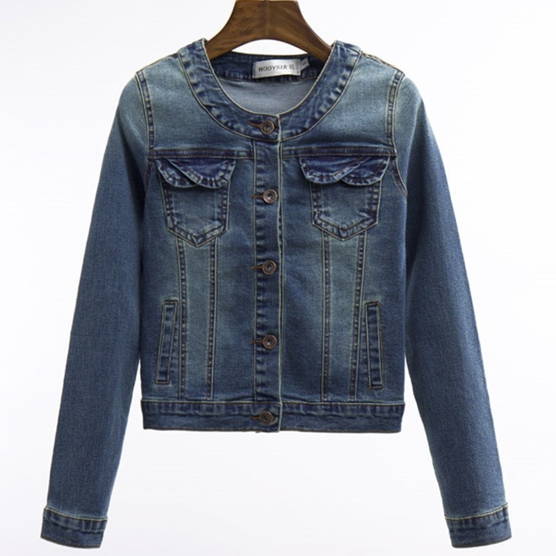 Vårhöst denimjacka kvinnor plus storlek långärmad jeansjacka dam o halsrockar jacka elastiska korta basrockar 4xl f670