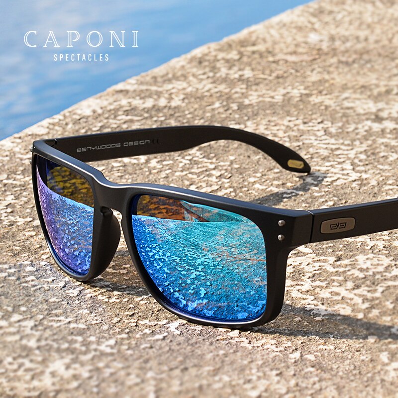 Caponi Blauw Spiegel Zonnebril Mannen TR-90 Frame Gepolariseerde Uv Ray Cut Lense Brillen Vintage Mode Vierkante Mannen Zonnebril CP9417